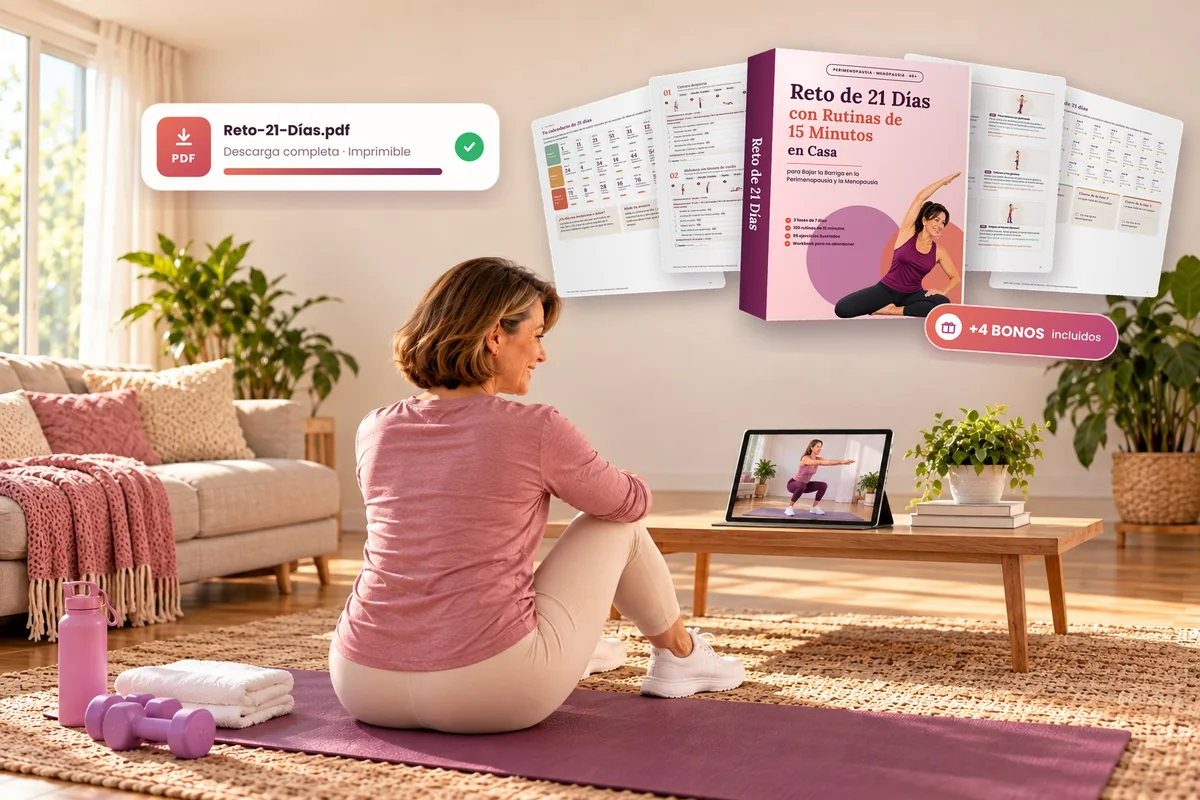 Mujer en su sala con el material digital del reto de 21 días